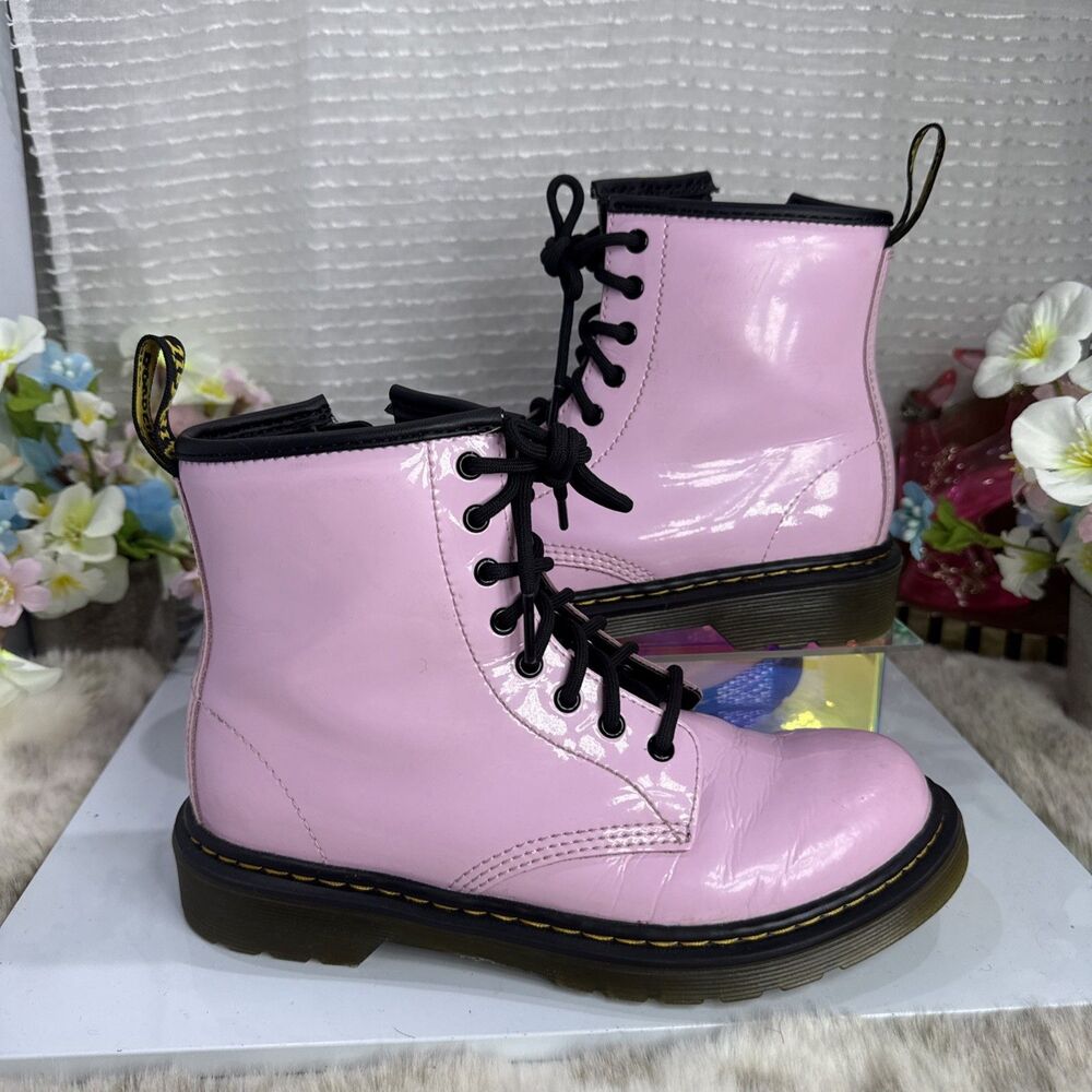 (P5) Dr. Martens  Combat Boots Leather Pink Lace Up Side Zip Size 3 big boy
